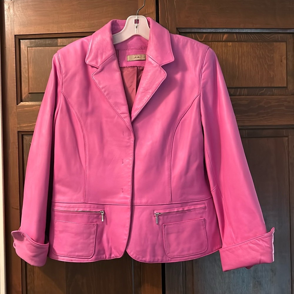 Leather hot pink jacket, 3 snap front, size L